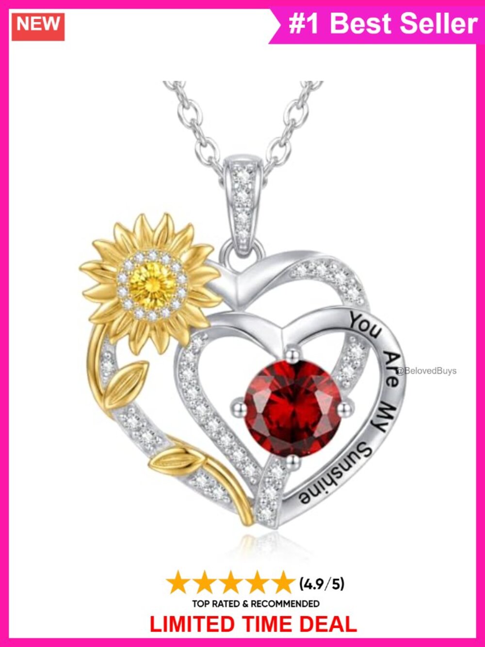 925 Sterling Silver Sunflower Heart Necklace You Are My Sunshine Birthstone